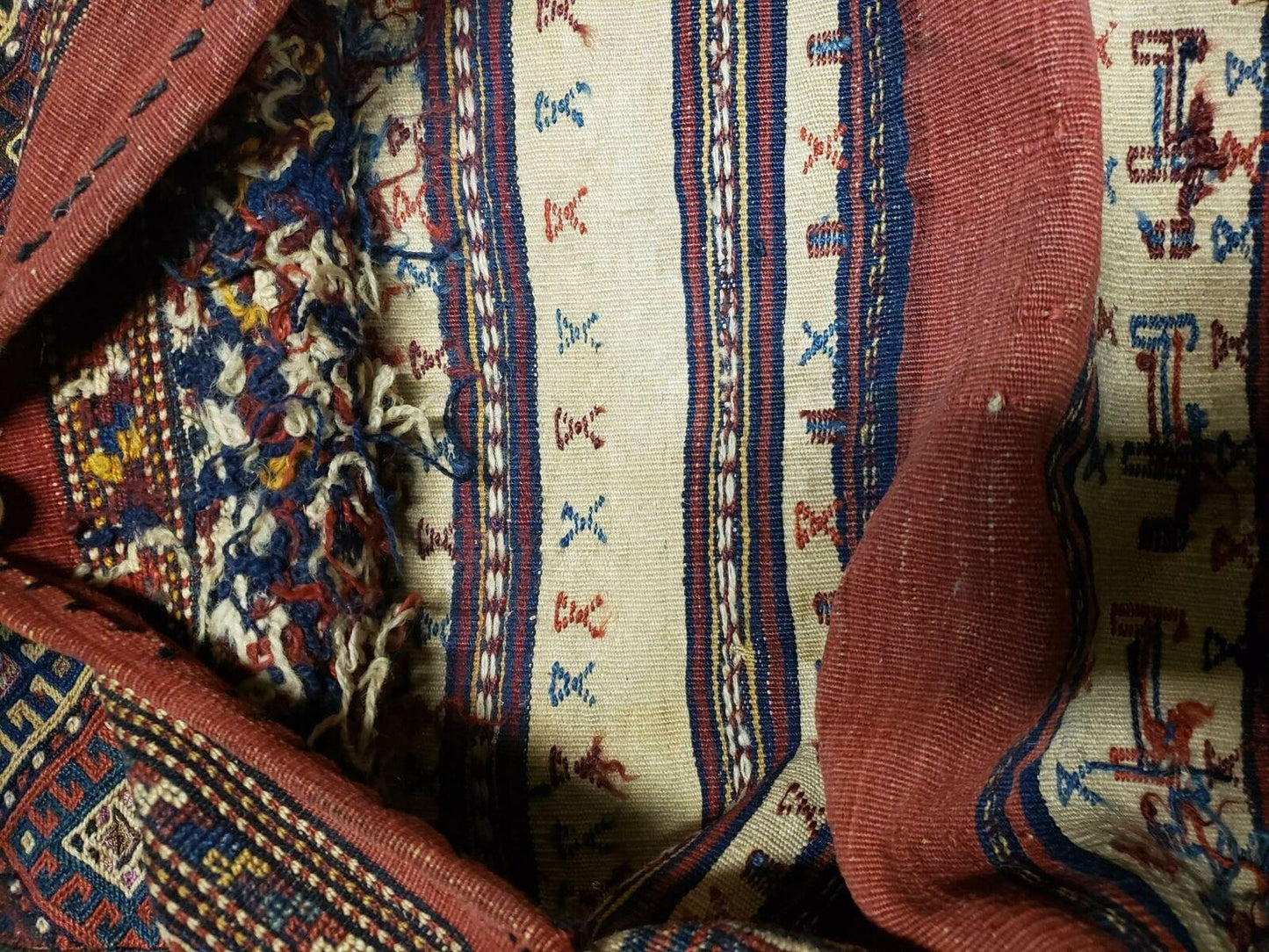 Antique Handmade Tribal Wool Rug 26x56 Inches Tobreh Double Bag Authentic