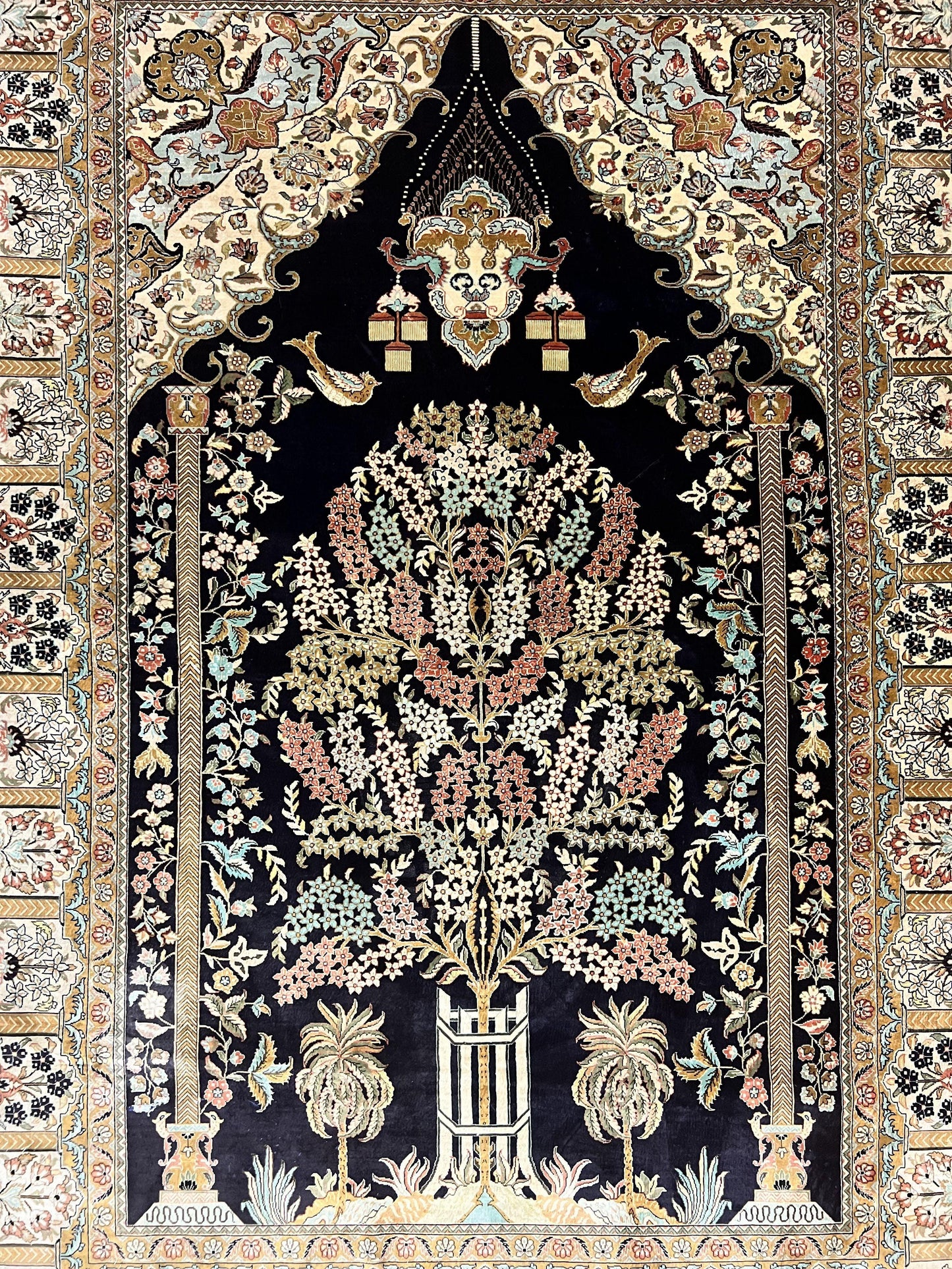 Luxury Sino Persian Silk Rug 4x6 Tree of Life Design Birds Hand Knotted Silk on Silk