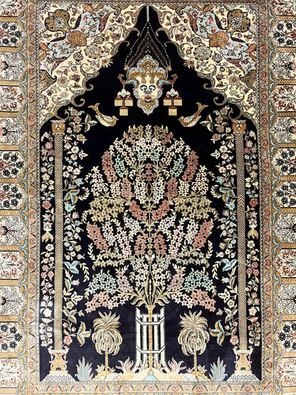 Luxury Sino Persian Silk Rug 4x6 Tree of Life Design Birds Hand Knotted Silk on Silk