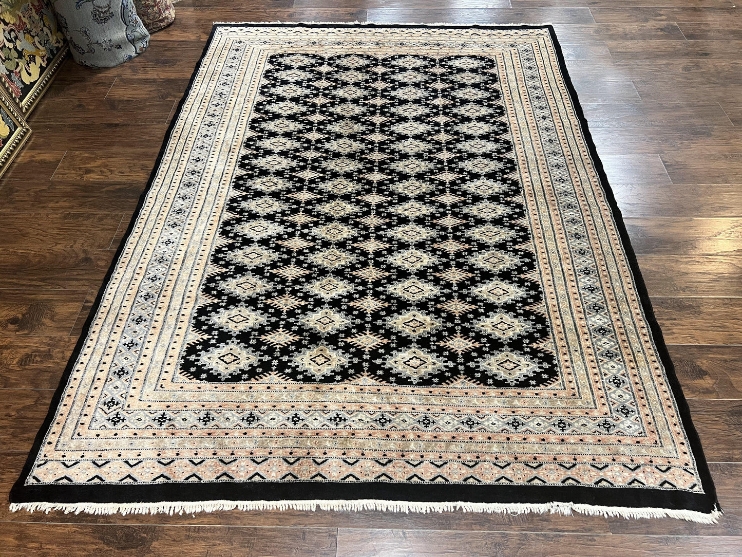 Pakistani Bokhara Rug 6x9, Hand Knotted Vintage Wool Carpet with Silk Highlights, Very Fine 320 KPSI, Medium Size