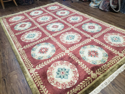 Aubusson Rug Nepalese Hand Knotted Wool 6x9 Red Ivory Area Rug For Office