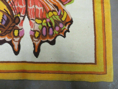 Hand Knotted Wool Rug 4x6 Butterfly Design Spanish Made Vintage 1980s