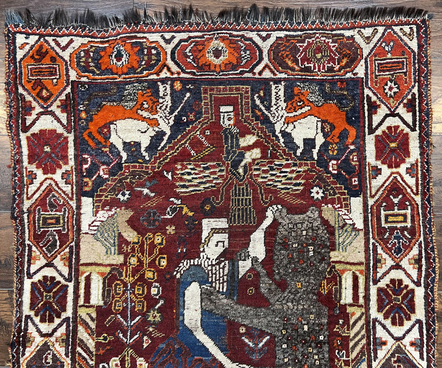 Persian Shiraz Pictorial Rug Antique Handmade Wool Lions Tribal Rug 3.6 by 5