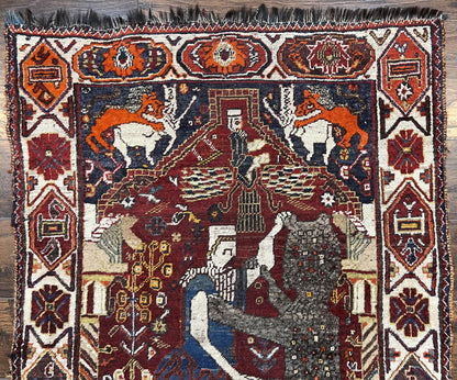 Persian Shiraz Pictorial Rug Antique Handmade Wool Lions Tribal Rug 3.6 by 5