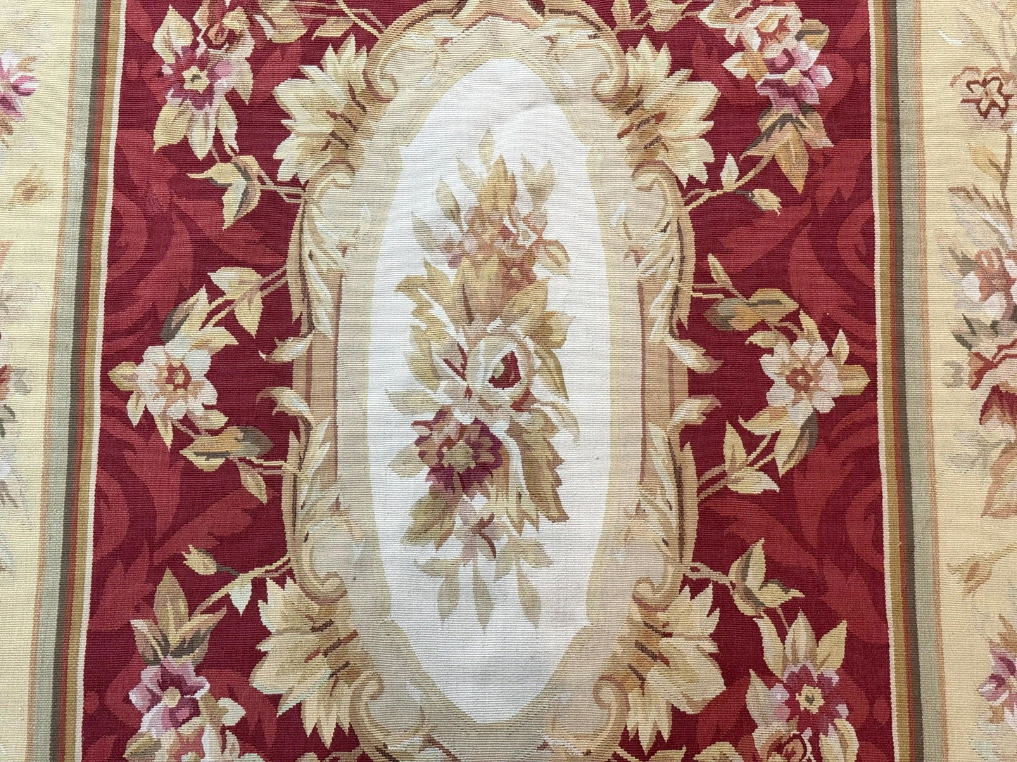 Aubusson Rug 4x6 Red Floral European Design Vintage Wool Handwoven