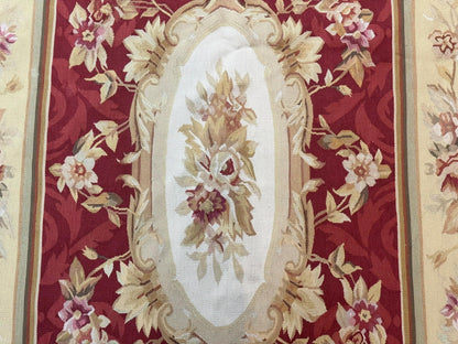 Aubusson Rug 4x6 Red Floral European Design Vintage Wool Handwoven