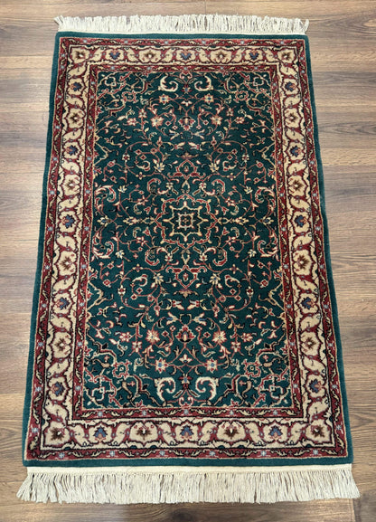Indo Persian Rug Dark Green Hand Knotted Wool Area Rug 2.5x4 Small Oriental Carpet