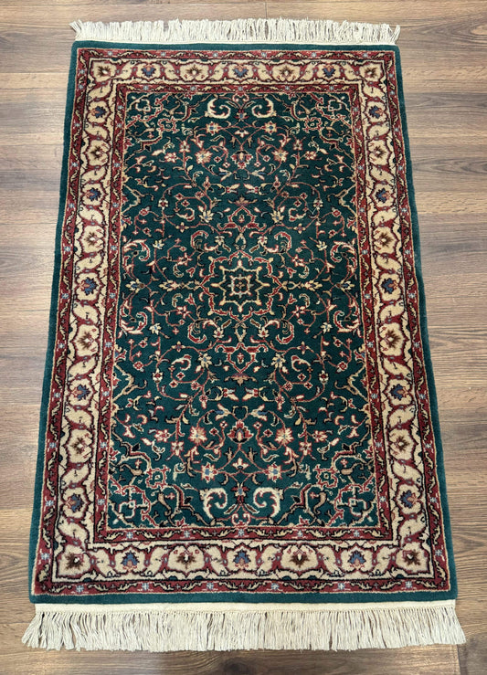 Indo Persian Rug Dark Green Hand Knotted Wool Area Rug 2.5x4 Small Oriental Carpet