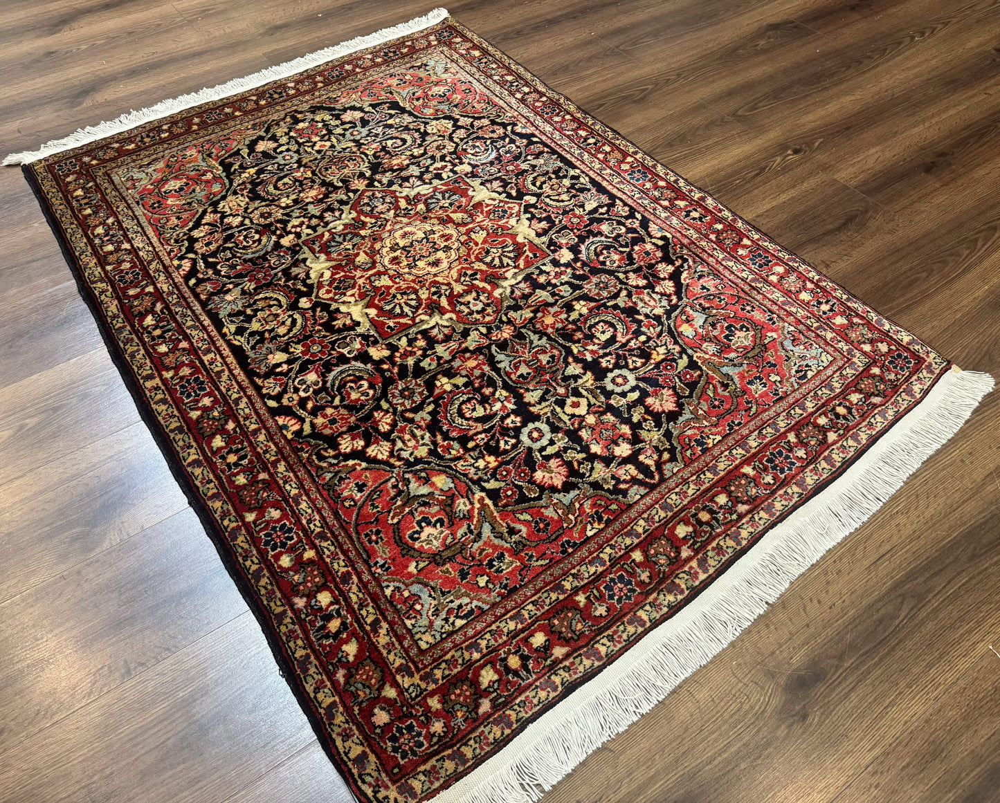 Antique Persian Sarouk Rug 4x5, Dark Blue and Red, Floral Medallion, Fine