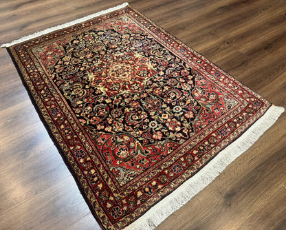 Antique Persian Sarouk Rug 4x5, Dark Blue and Red, Floral Medallion, Fine