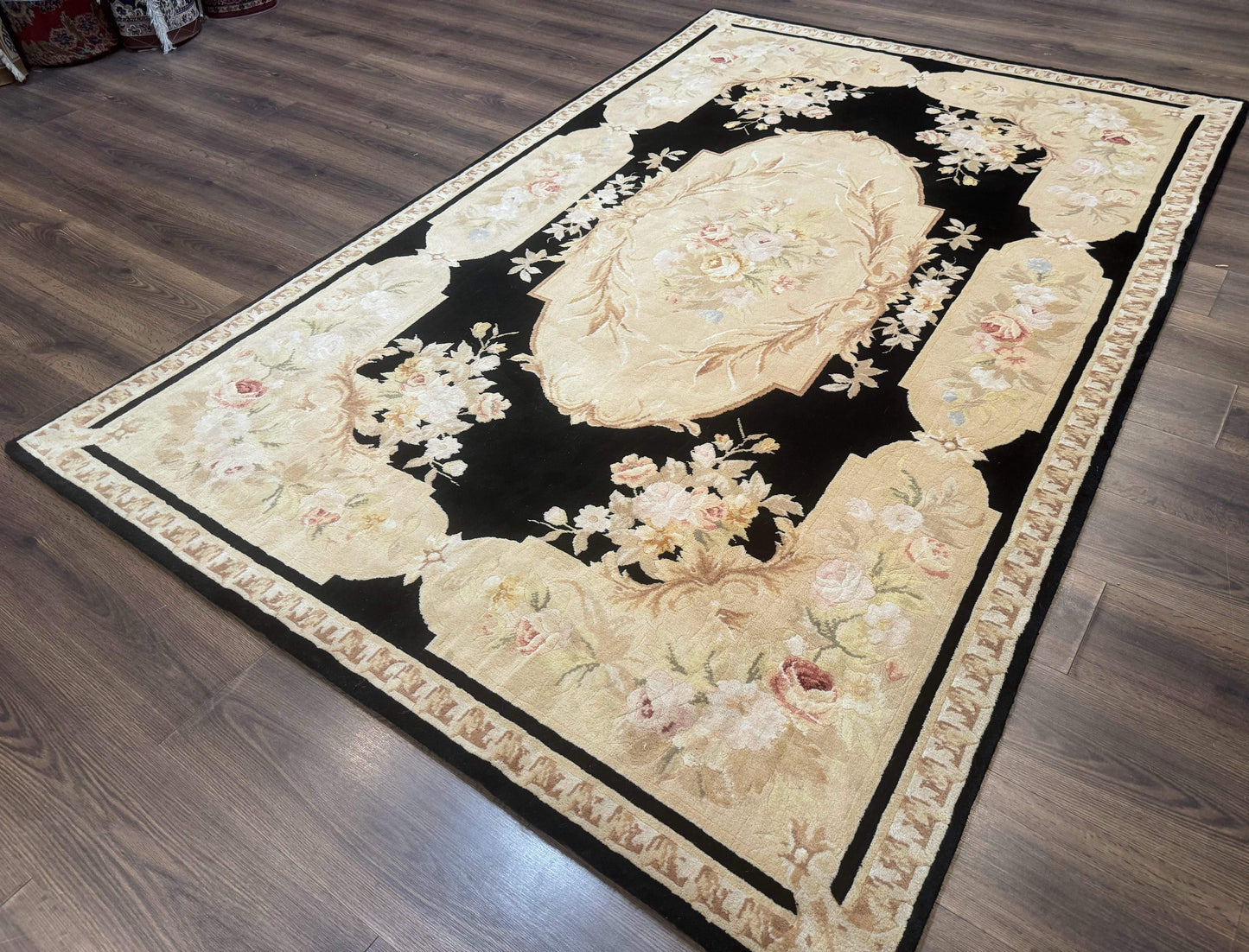 Aubusson Rug Chinese Wool 6x9 Black Floral Elegant Hand Knotted