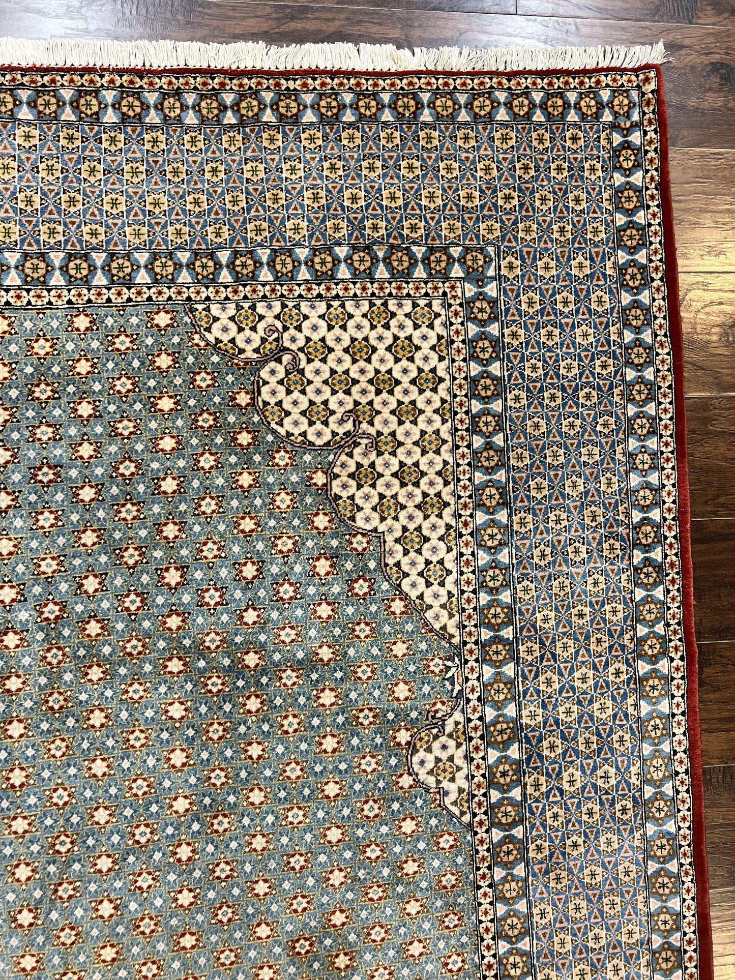 Rare Persian Rug 8x12, Qum Rug, Repeated Star Motifs, Blue and Ivory, Fine 300 KPSI, Hand Knotted Handmade Vintage Wool Rug