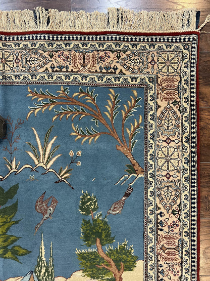 Persian Qum Pictorial Rug Vintage 5x7 Hand Knotted Wool and Silk