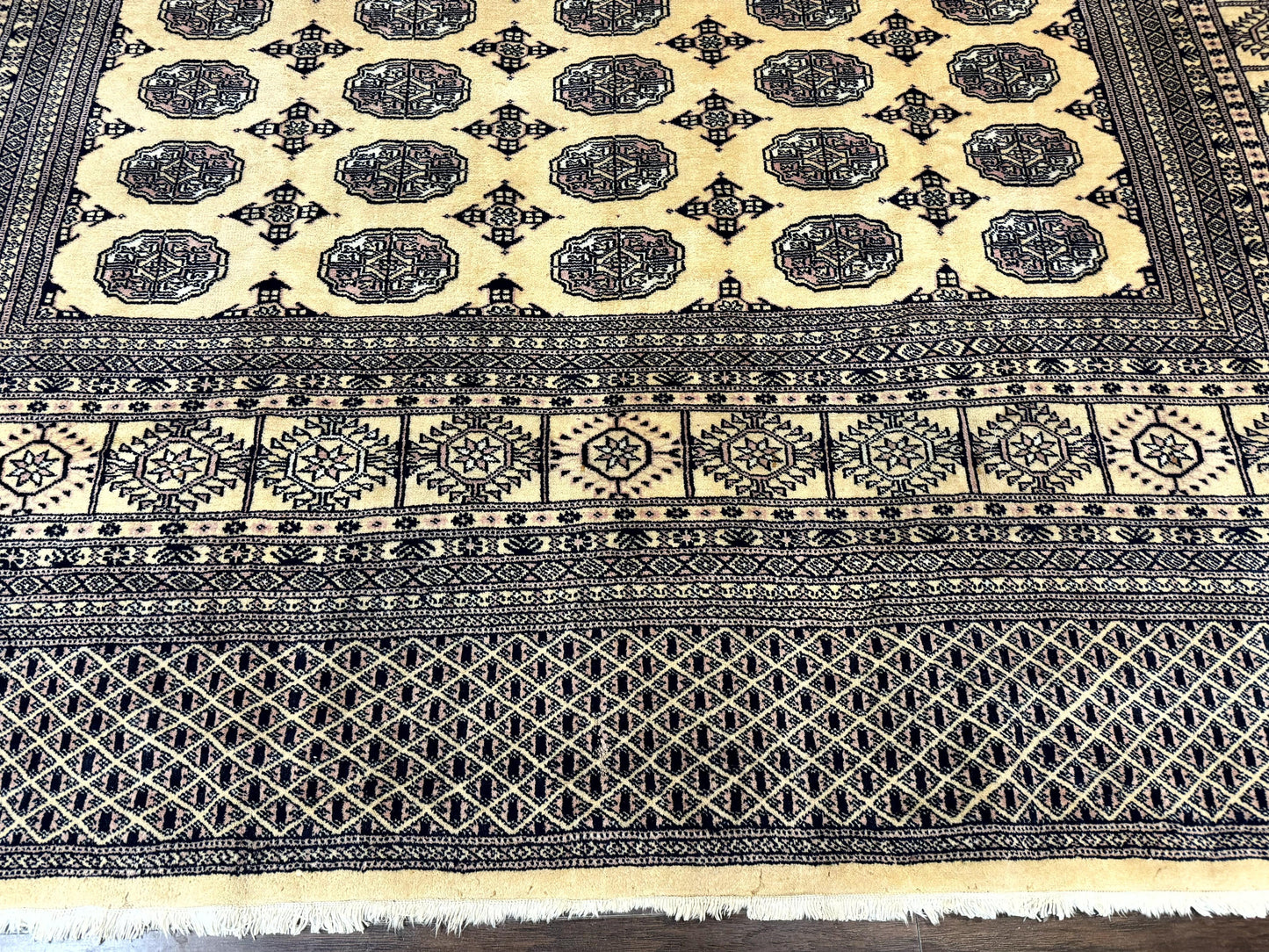 Pakistani Bokhara Turkoman Rug 9x11, Cream, Handmade Wool Vintage Carpet