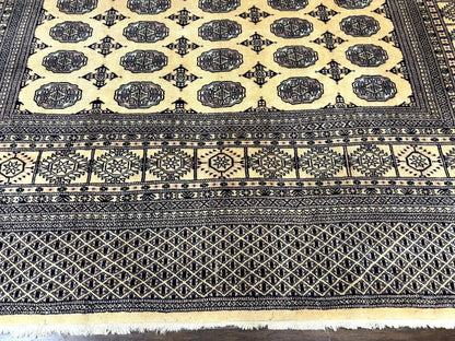 Pakistani Bokhara Turkoman Rug 9x11, Cream, Handmade Wool Vintage Carpet