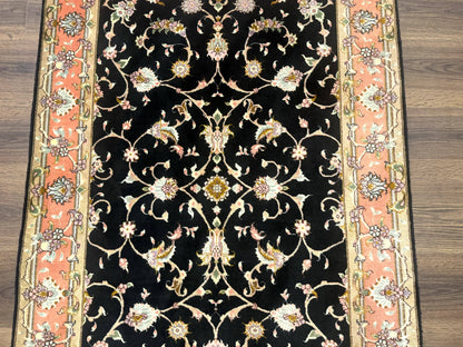 Persian Tabriz Rug 3x5 Black and Salmon Floral Fine Handmade 360 KPSI