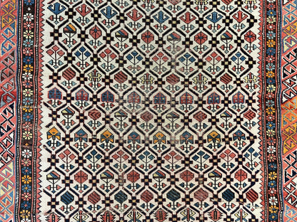 Antique Caucasian Shirvan Rug 4x5 Hand Knotted Wool Oriental Carpet Ivory Red Allover Pattern