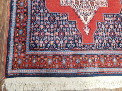 Senneh Wool Area Rug 4x6 Handmade Kurdish Carpet Vegetable Dyes Red Blue