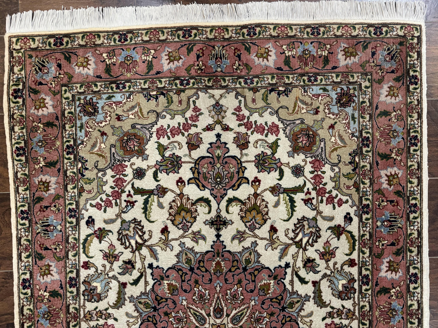 Fine Persian Tabriz Rug 3x5, Floral Medallion, 340 KPSI, Ivory Salmon