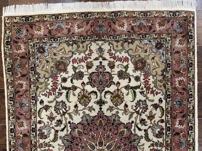 Fine Persian Tabriz Rug 3x5, Floral Medallion, 340 KPSI, Ivory Salmon