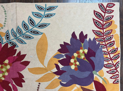 Indian Chain Stitched Rug 4x6, Hand Stitched Indian Embroidery Carpet, Large Floral Design, Contemporary, Cream and Colorful Flowers, Wool