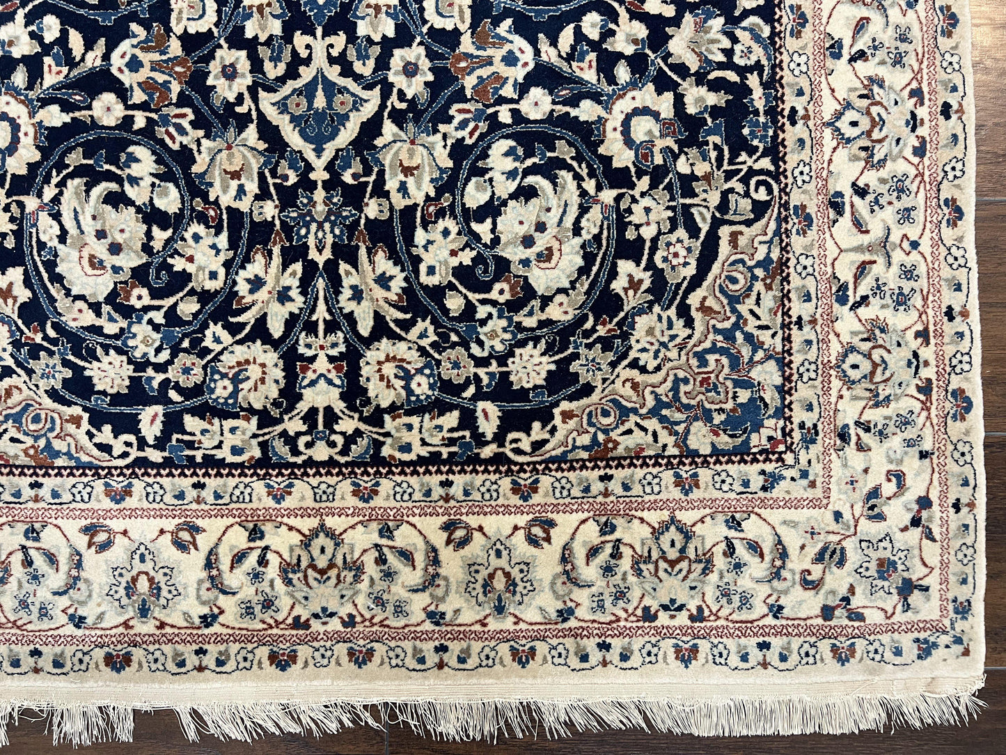 Persian Nain Rug Hand Knotted Wool and Silk Accents With Floral Medallion Navy Blue Ivory Cream