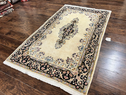Persian Kirman Rug 4x7, Wool Hand Knotted Antique Carpet, Beige, Semi Open Field Medallion Rug, Traditional Handmade Oriental Rug