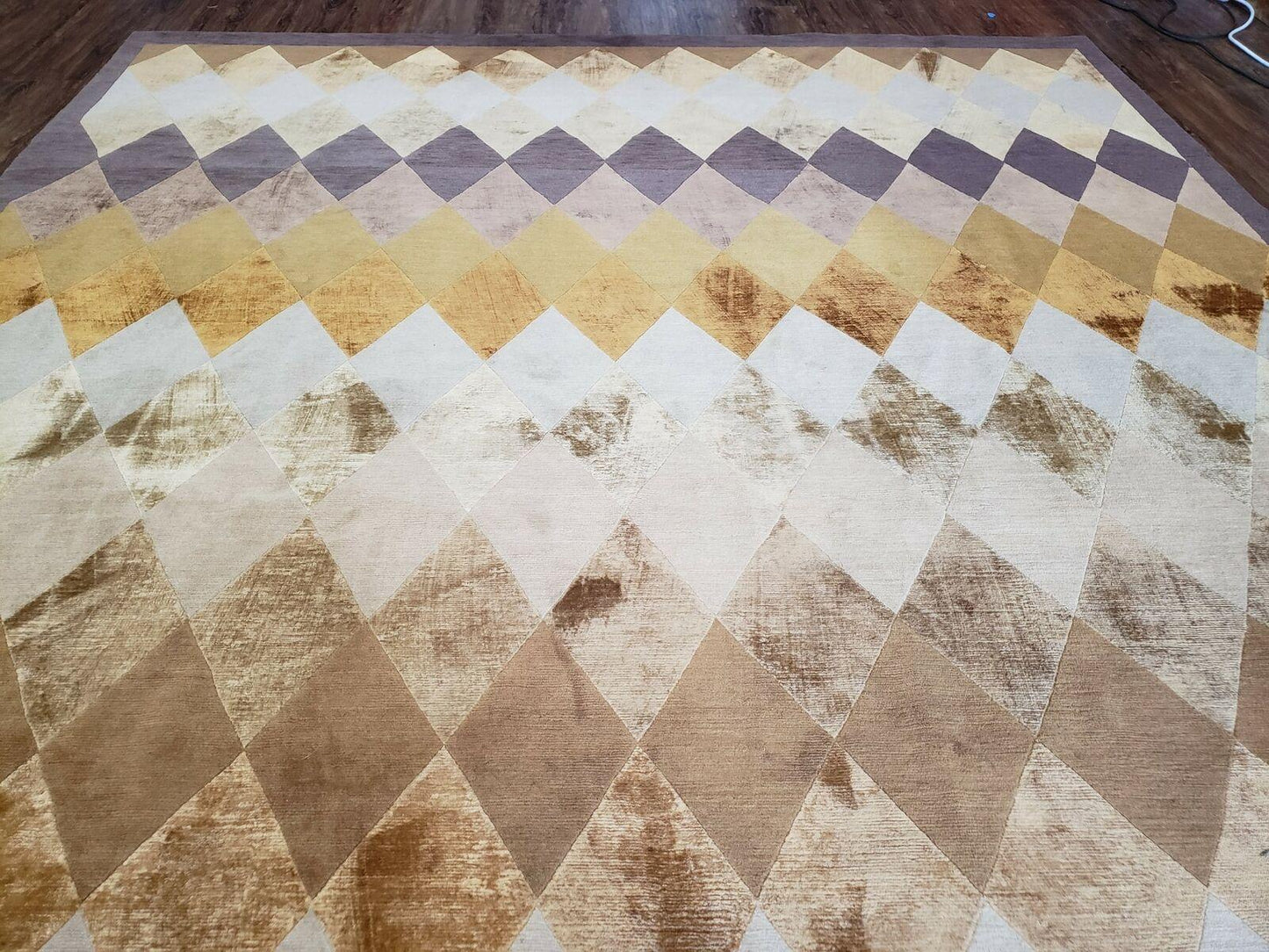 Hand Knotted Tibetan Rug 8.6 x 11 Wool and Silk Multicolor Diamond Panel Design