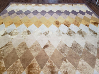 Hand Knotted Tibetan Rug 8.6 x 11 Wool and Silk Multicolor Diamond Panel Design