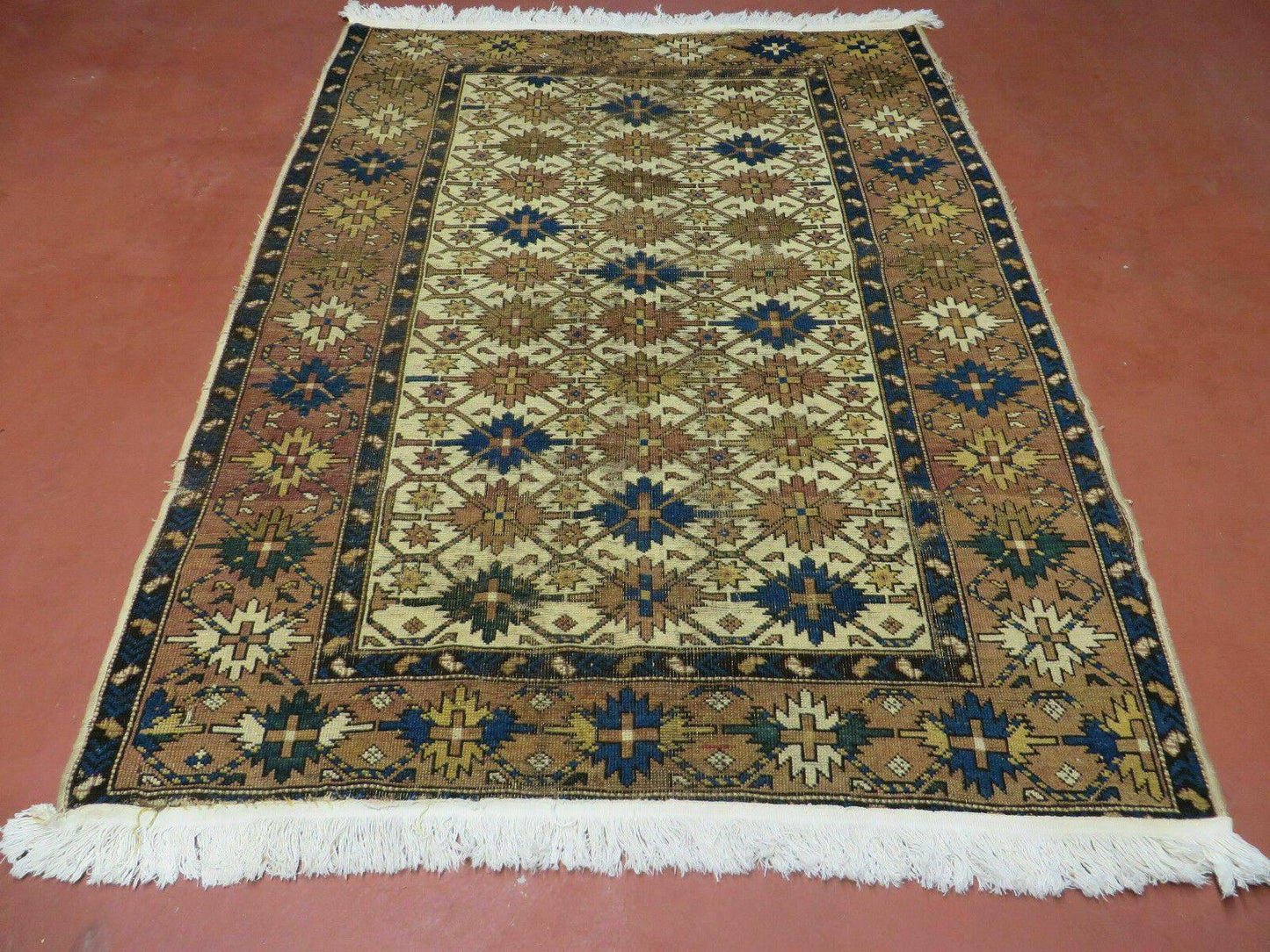 Antique Caucasian Shirvan Kazak Wool Rug Snowflake Design 4x5 Feet