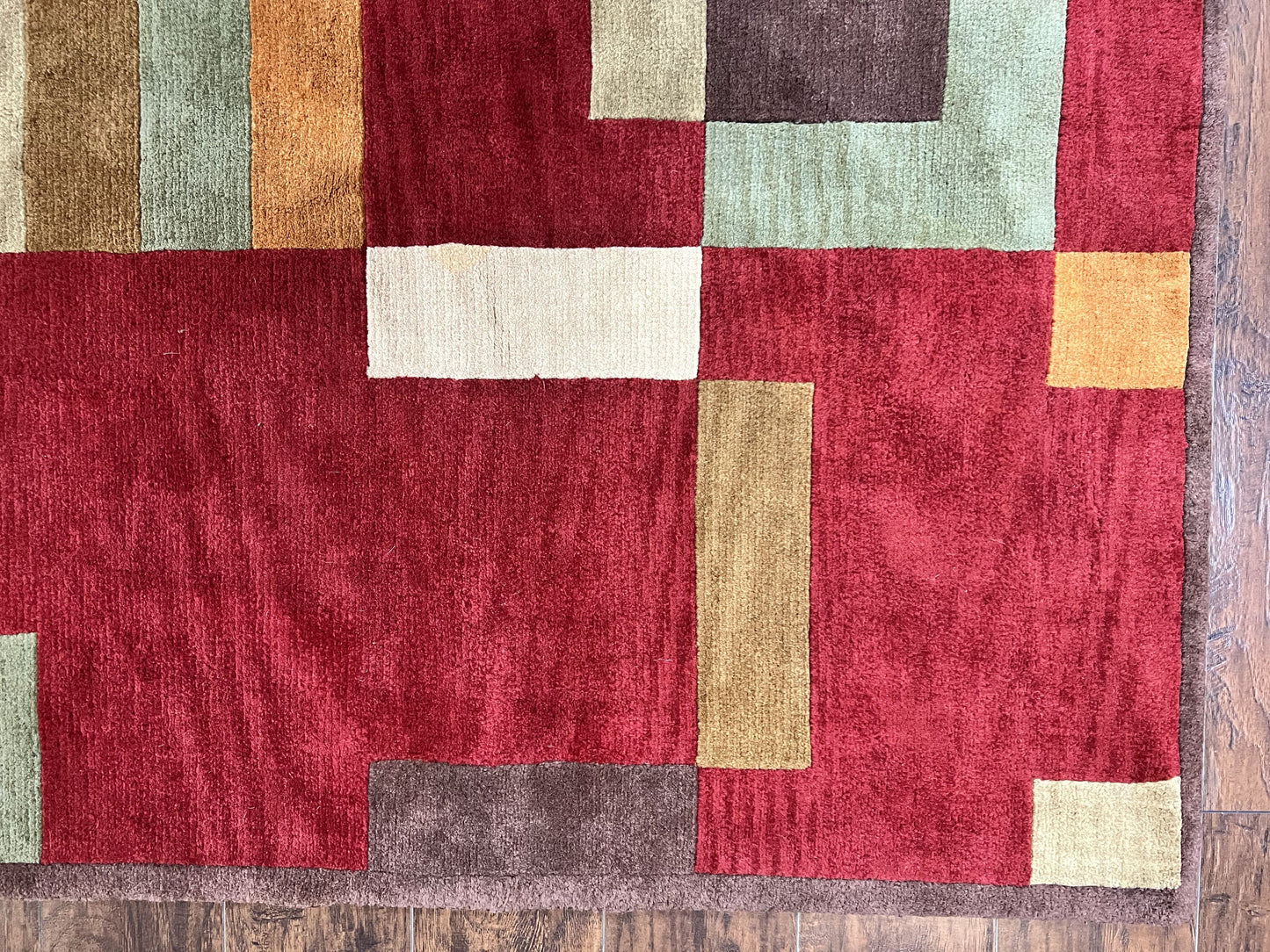 Indo Tibetan Modern Rug 5x8, Abstract Rug 5 x 8 ft, Red Multicolor Wool Handmade Contemporary Area Rug
