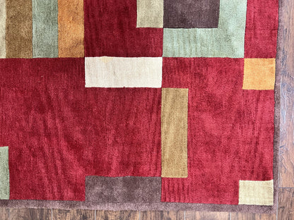 Indo Tibetan Modern Rug 5x8, Abstract Rug 5 x 8 ft, Red Multicolor Wool Handmade Contemporary Area Rug