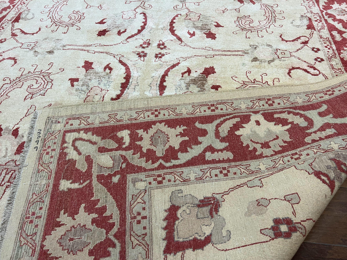 Peshawar Rug 8x12 Pakistani Carpet, Oriental Rug 8 x 12 Chobi Rug, Beige and Red, Allover Large Floral Design, Hand Knotted Vintage Wool