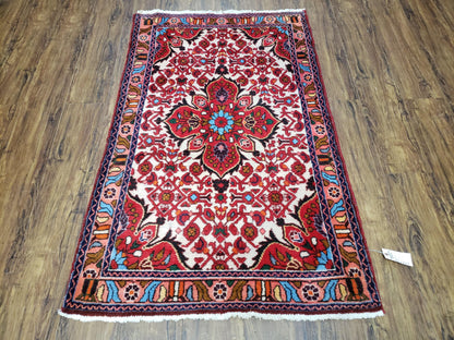 Handmade Floral Wool Rug Turkish Vintage 3 Ft 2 In By 5 Ft 1 In Red Beige Ivory