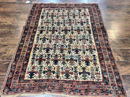 Persian Afshar Rug 5x6, Allover Repeated Motif, Wool Tribal Carpet, Handmade Semi Antique Rug
