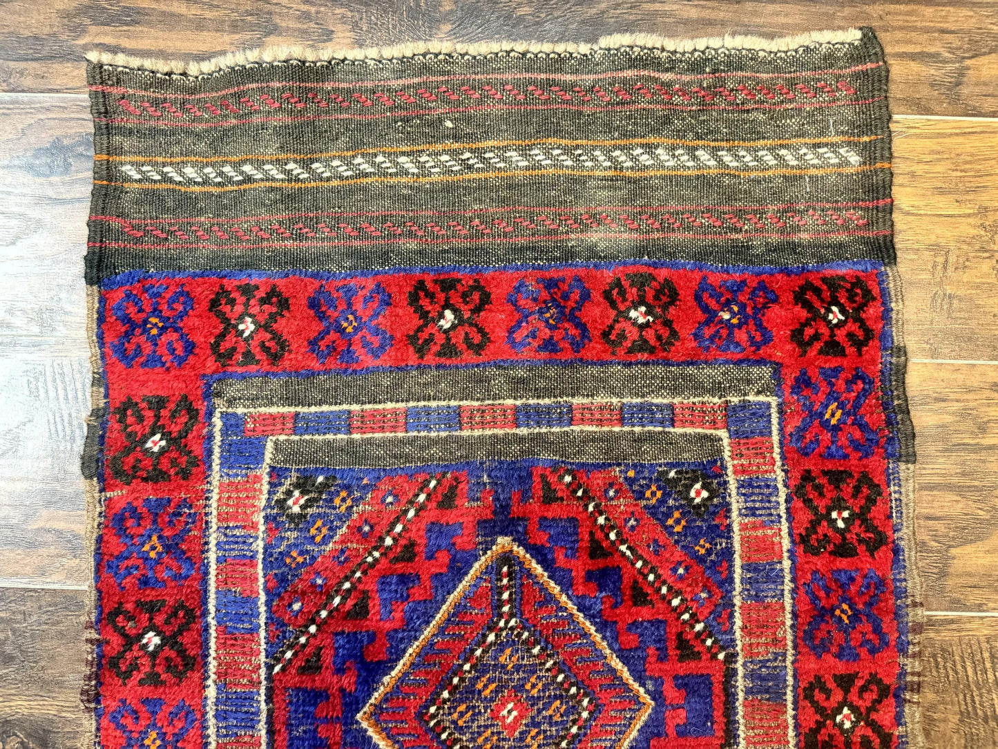 Turkoman Runner Rug 2x8.6 Handmade Wool Hallway Runner Vintage Red Blue