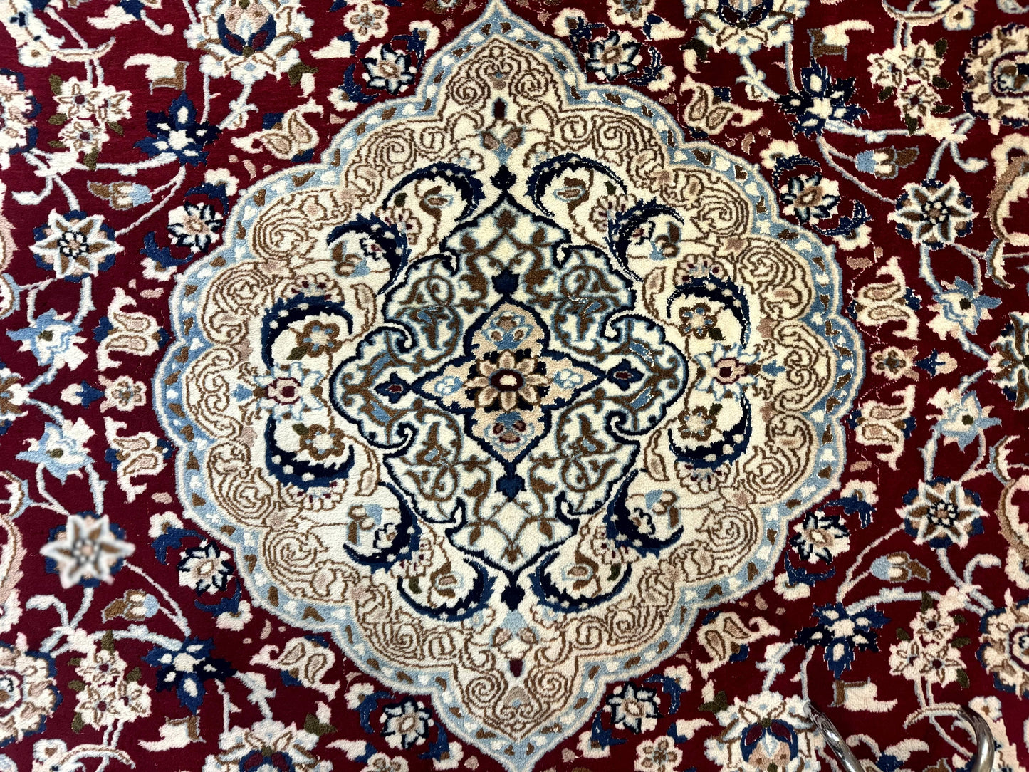 Persian Nain Rug 8x11 Wool Silk Highlights Burgundy Ivory Floral Medallion