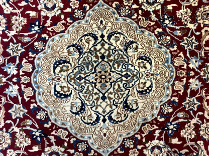 Persian Nain Rug 8x11 Wool Silk Highlights Burgundy Ivory Floral Medallion