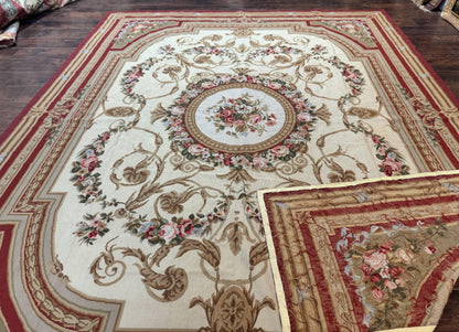 Elegant Aubusson Needlepoint Rug 9x11 Handmade Wool Flatweave Floral Cream