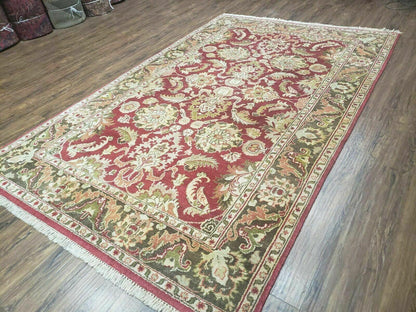 Indo Persian Rug 6x9, Hand Knotted Vintage Indian Sultanabad Agra Wool Rug, Handmade Oriental Carpet 6 x 9, Red Large Floral Design