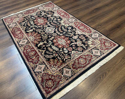 Pak Persian Rug 4x6, Black and Burgundy, Floral Allover, Wool and Silk