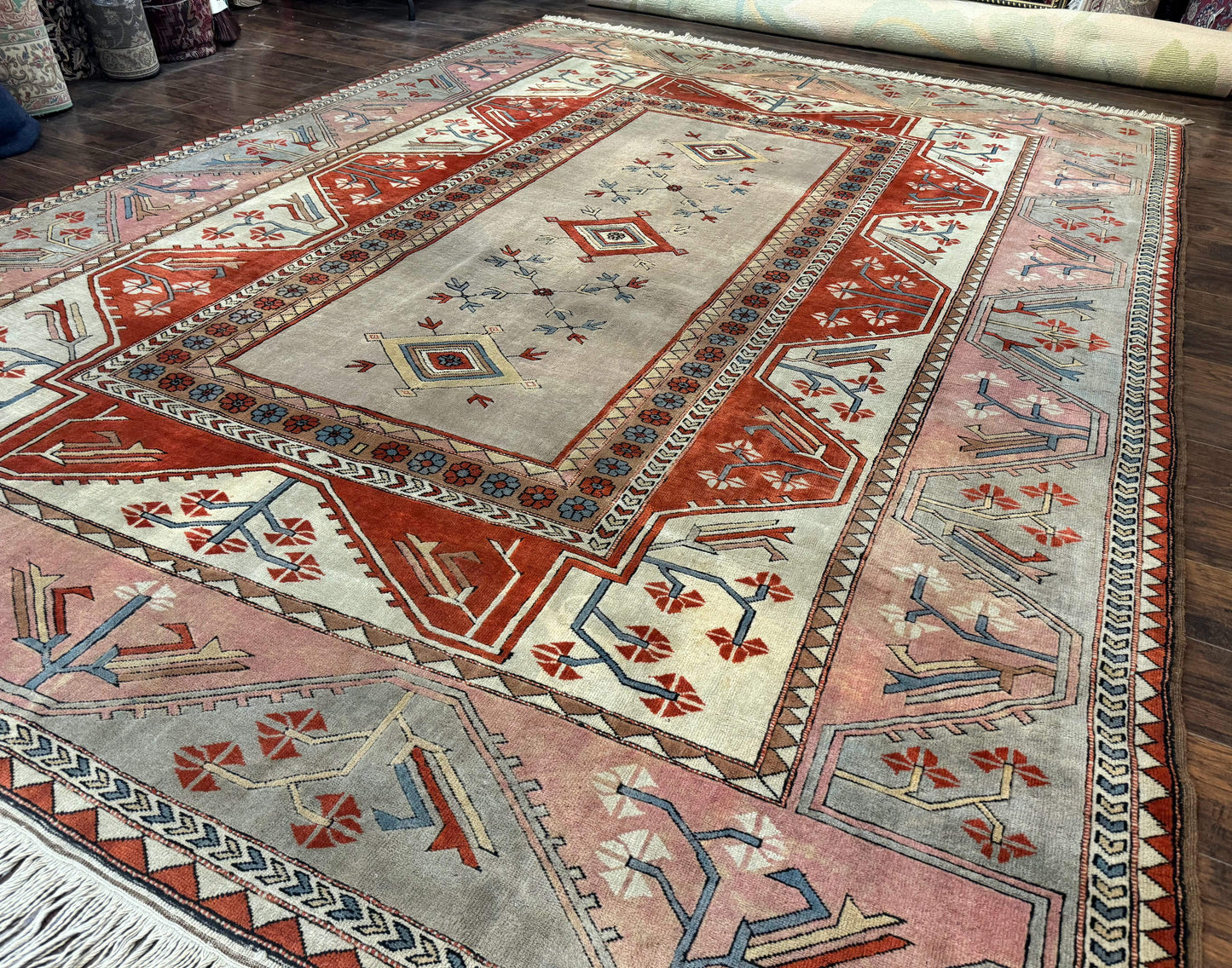 Turkish Milas Rug 10x13 Hand Knotted Wool Vintage Gray Area Rug