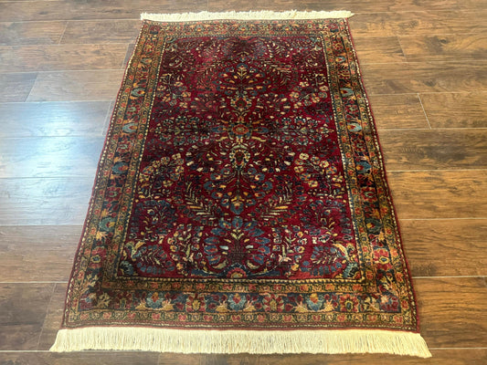 Antique Persian Sarouk Rug 3 By 5 Hand Knotted Wool Carpet Red 1920s