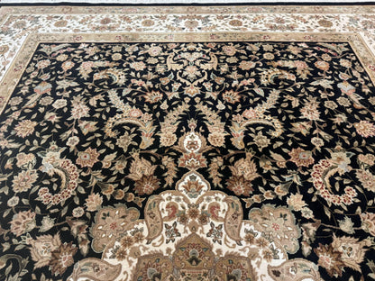 Sino Persian Rug 9x12, Floral Medallion, Black and Ivory, Elegant