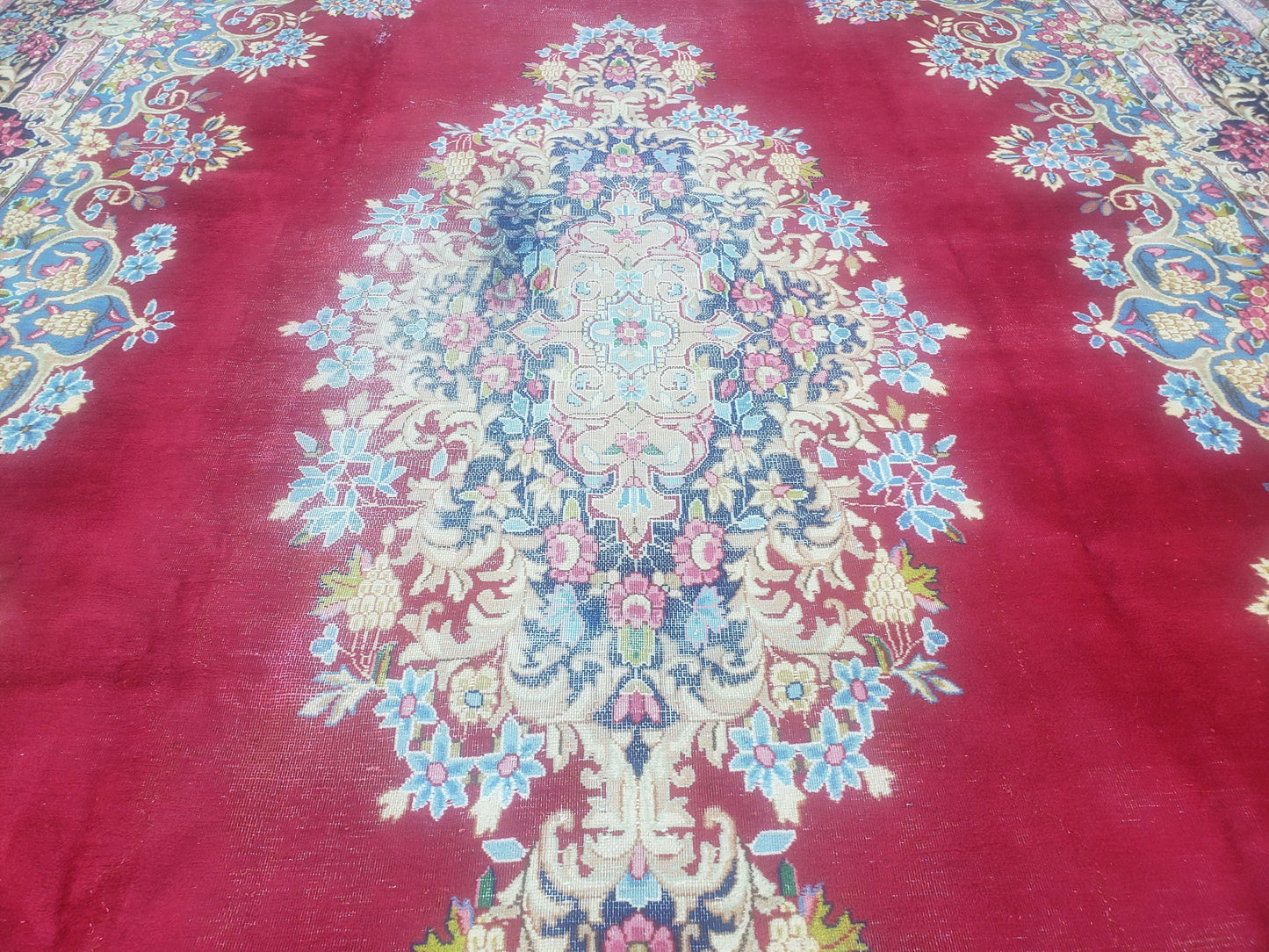 Antique Persian Kirman Rug 10x17 Oriental Carpet 10 x 17, Red, Multicolor, Namazian Signature Master Weaver, Shabby Chic, Semi Open Field