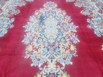Antique Persian Kirman Rug 10x17 Oriental Carpet 10 x 17, Red, Multicolor, Namazian Signature Master Weaver, Shabby Chic, Semi Open Field