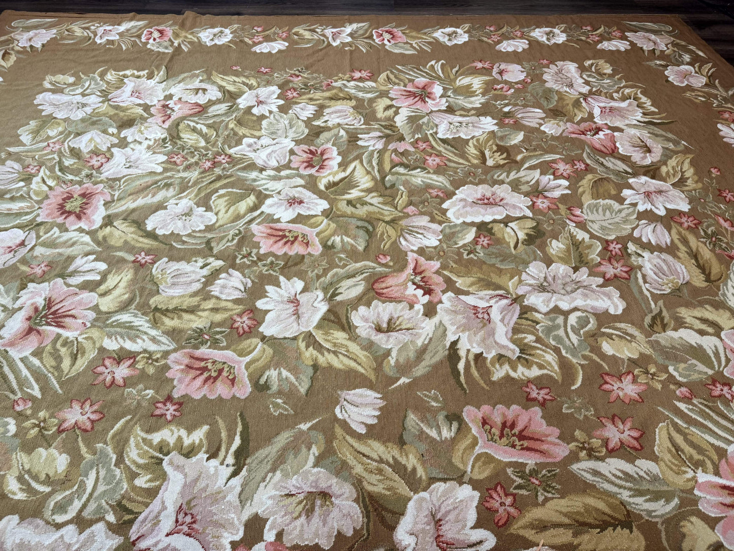 Large Needlepoint Rug 11x14, Vintage Floral Wool Carpet, Caramel