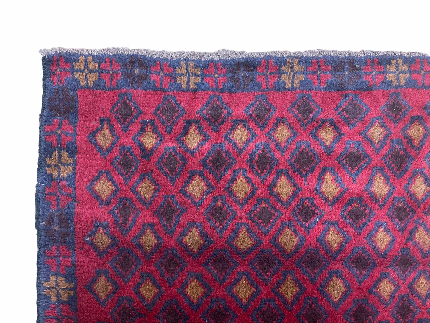 Vintage Handmade Balouch Afghan Wool Rug 3x5 Hand Knotted Red Blue Diamond