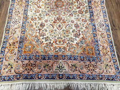 Premium Persian Isfahan Lachak Toranj Rug Hand Knotted Kork Wool On Silk Beige And Dark Blue 3 Ft 6 In By 5 Ft 4 In
