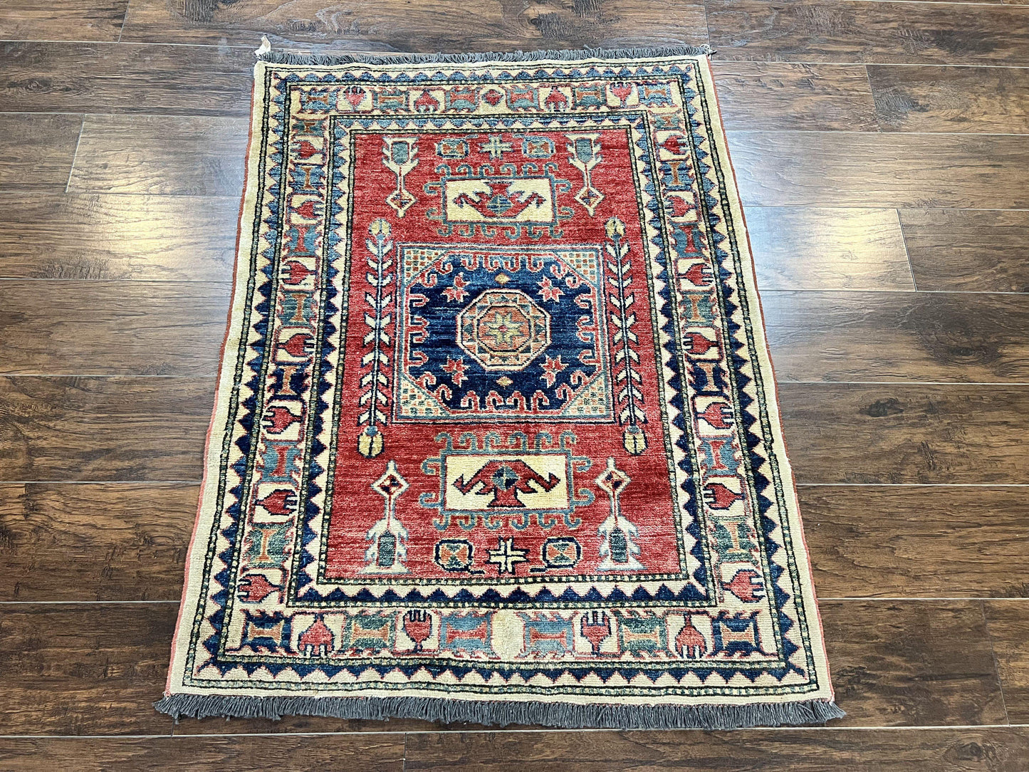 Turkish Kazak Rug 3x4 Hand Knotted Wool Vintage Carpet Red Navy Blue Geometric Design